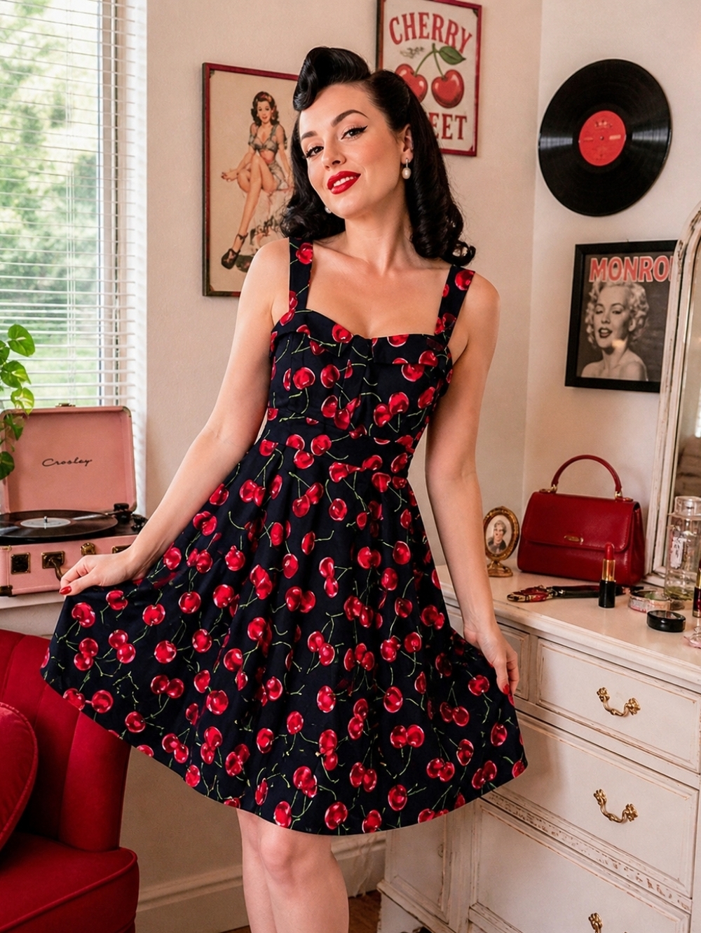 Eva Rose Cherry Print Sundress Black Red Retro Y2K Coquette Fit Flare Dress